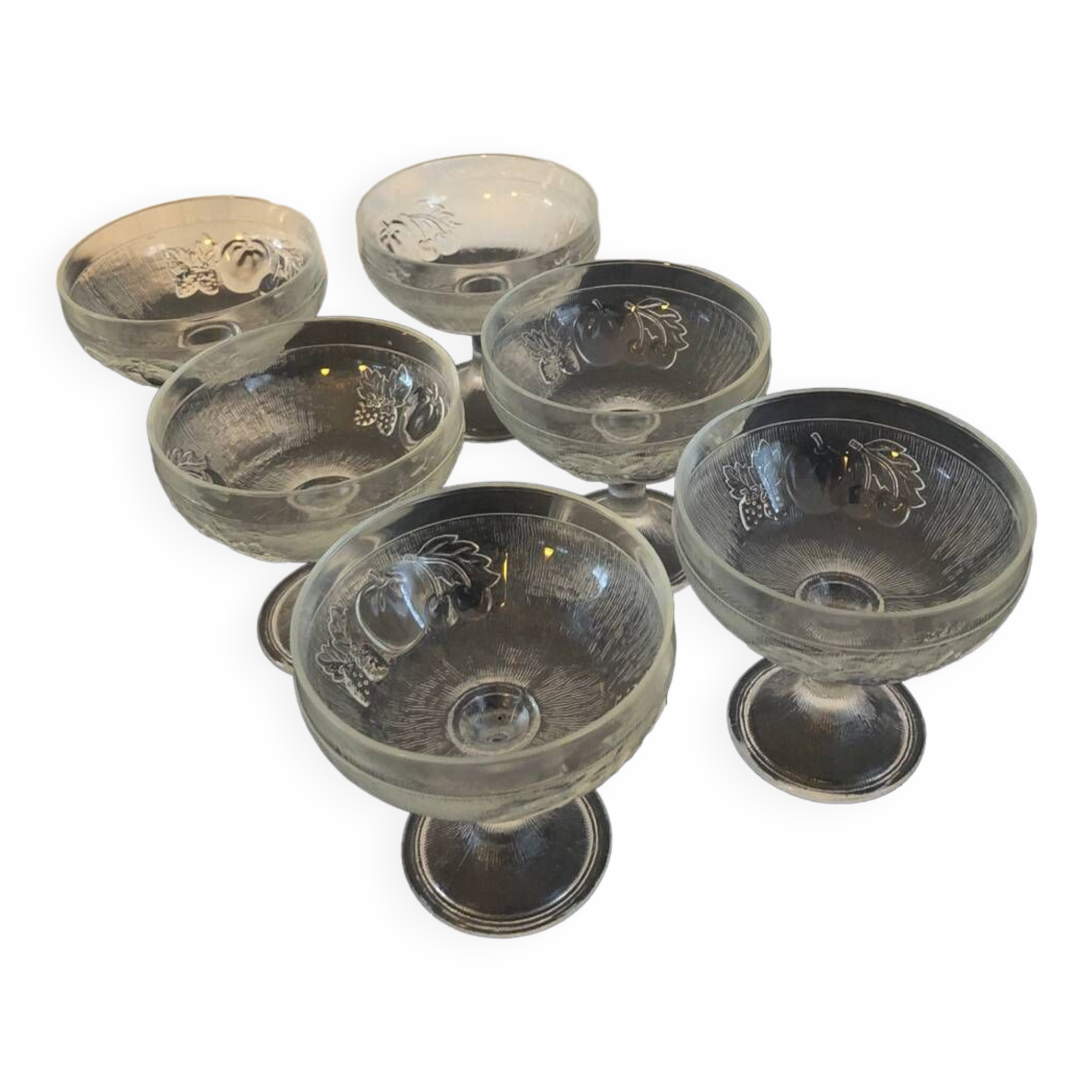 6 Vintage Glass Fruit Bowls Engraved with Fruits