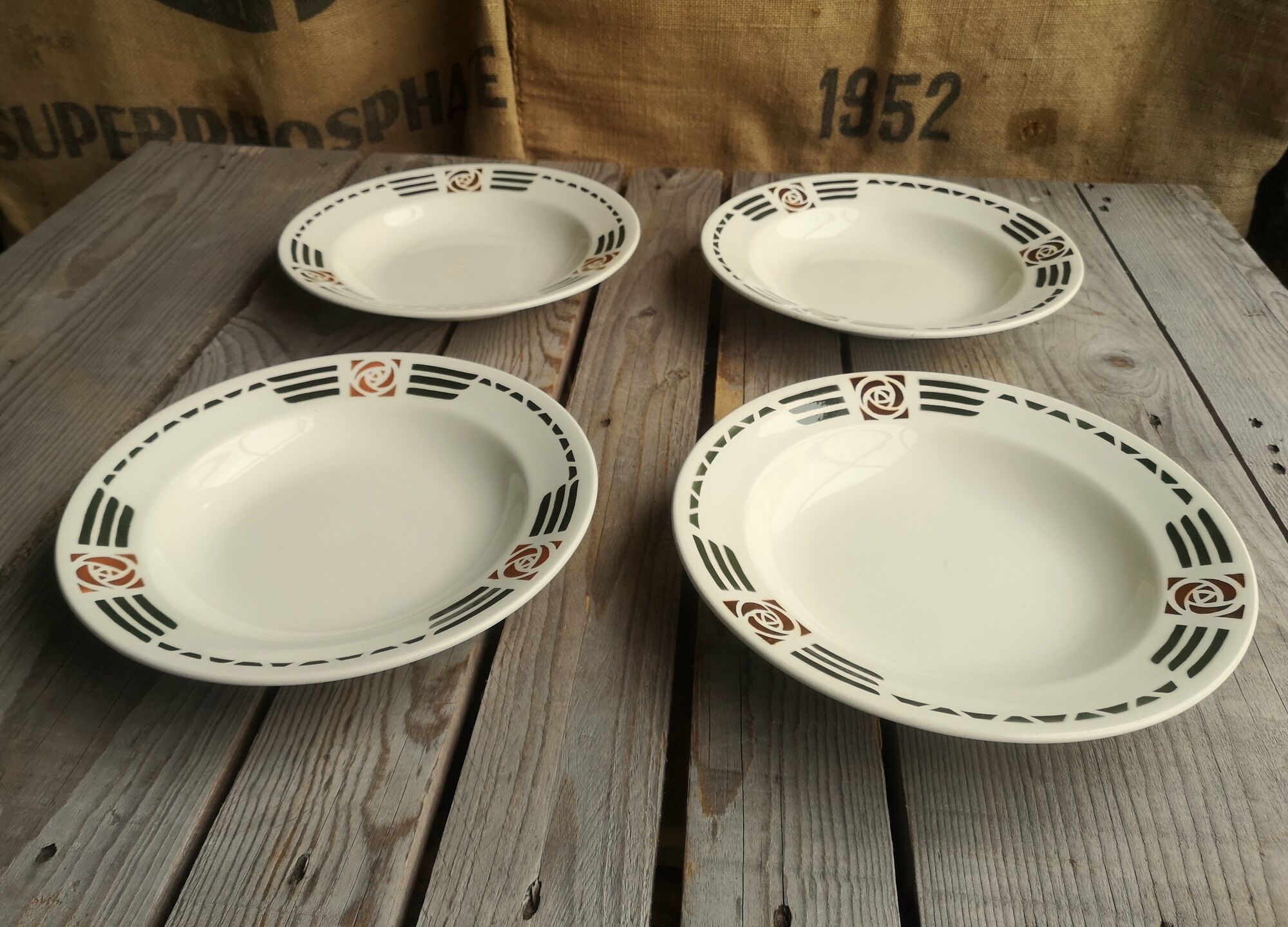 4 Soup Plates Faience from Salins Decor Green and Orange