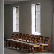 Set of 6 "Razorblade" dining chairs by Henning Kjærnulf in oak and mohair, 1960s.