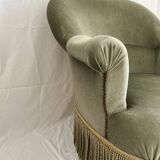 sage green toad armchairs with gold fringe