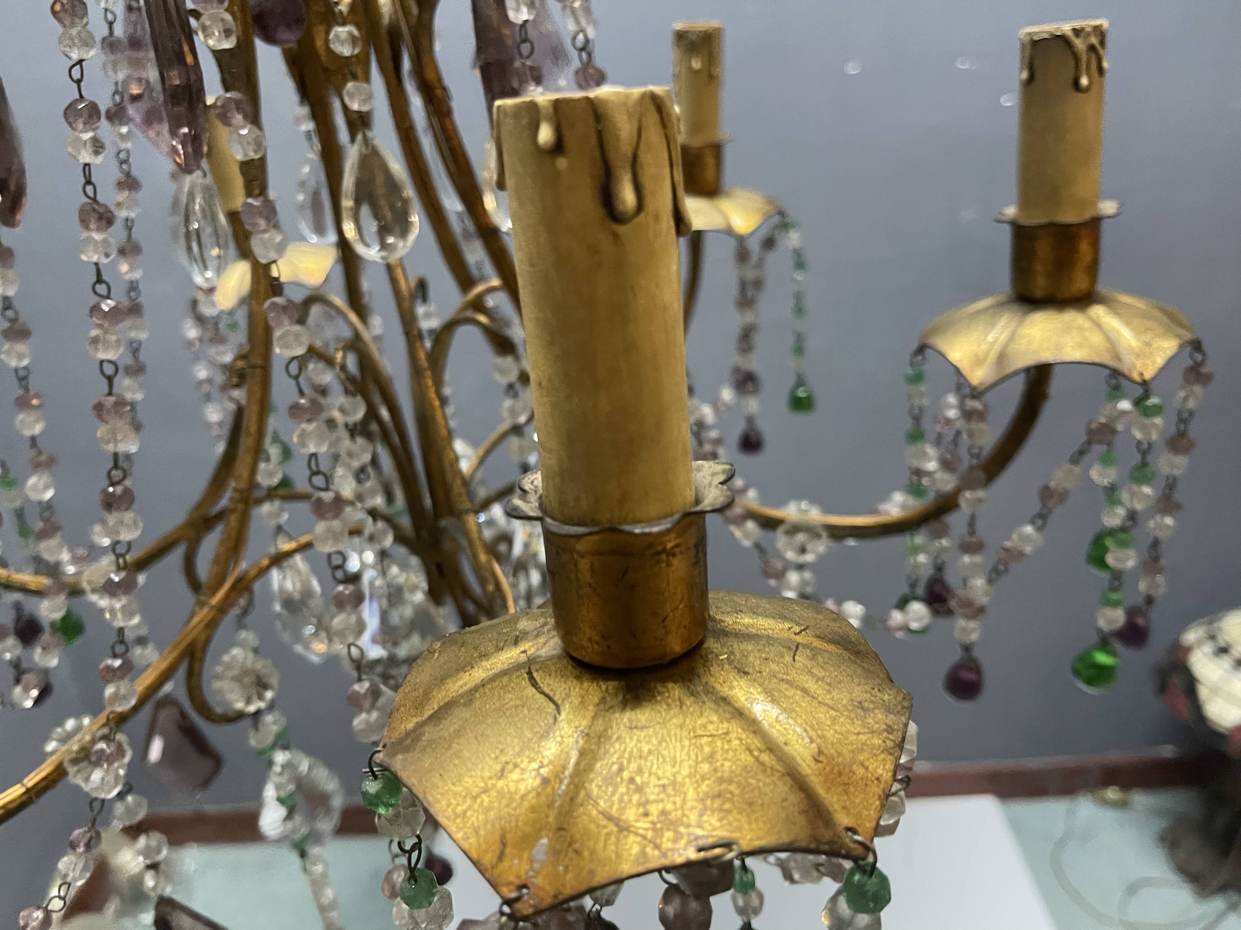 Chandelier en verre de Murano perlé doré en tole florentine italienne des années 1950 à 6 lumières