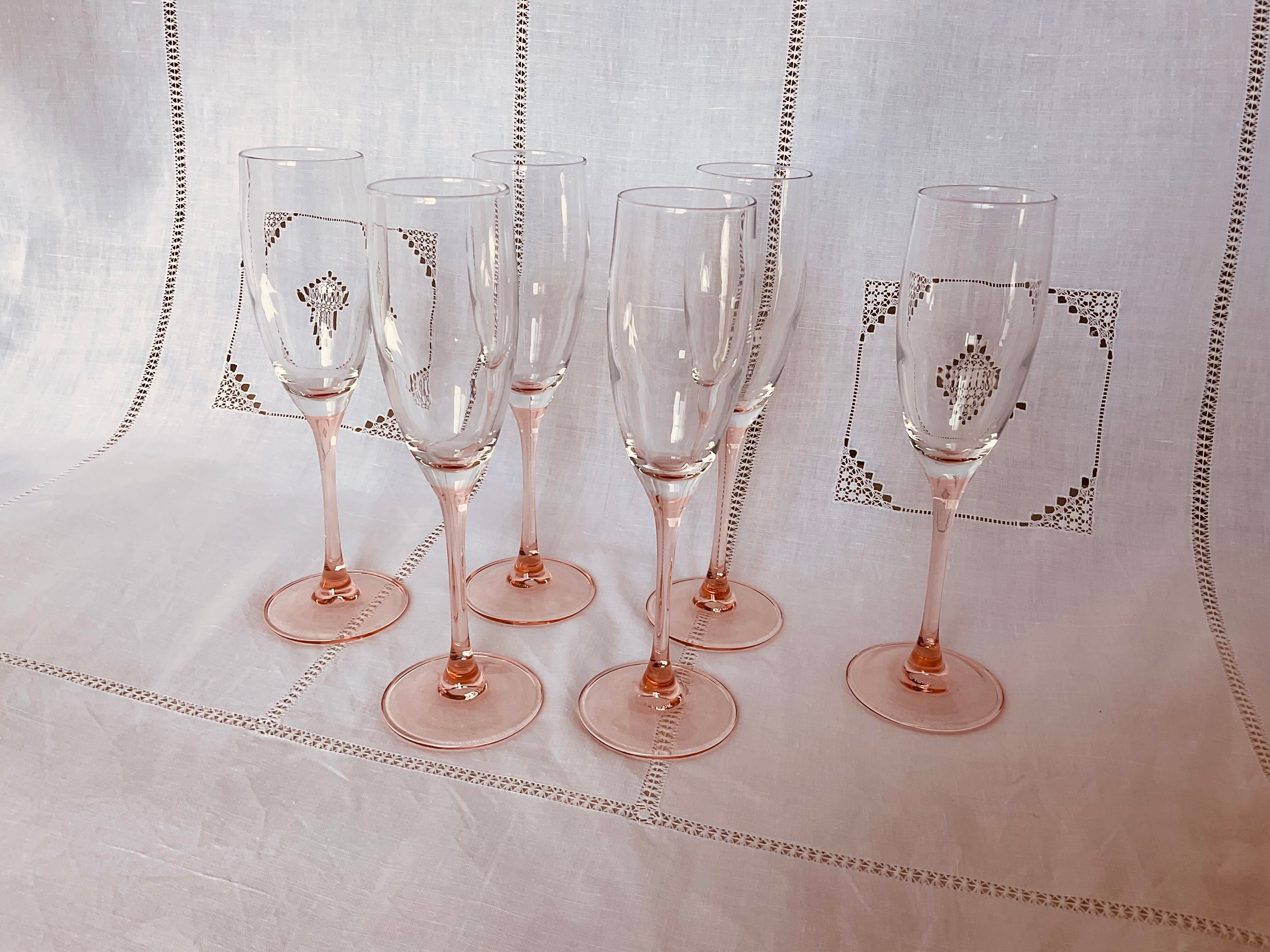 6 champagne flutes, pink walking glasses, Luminarc 70s