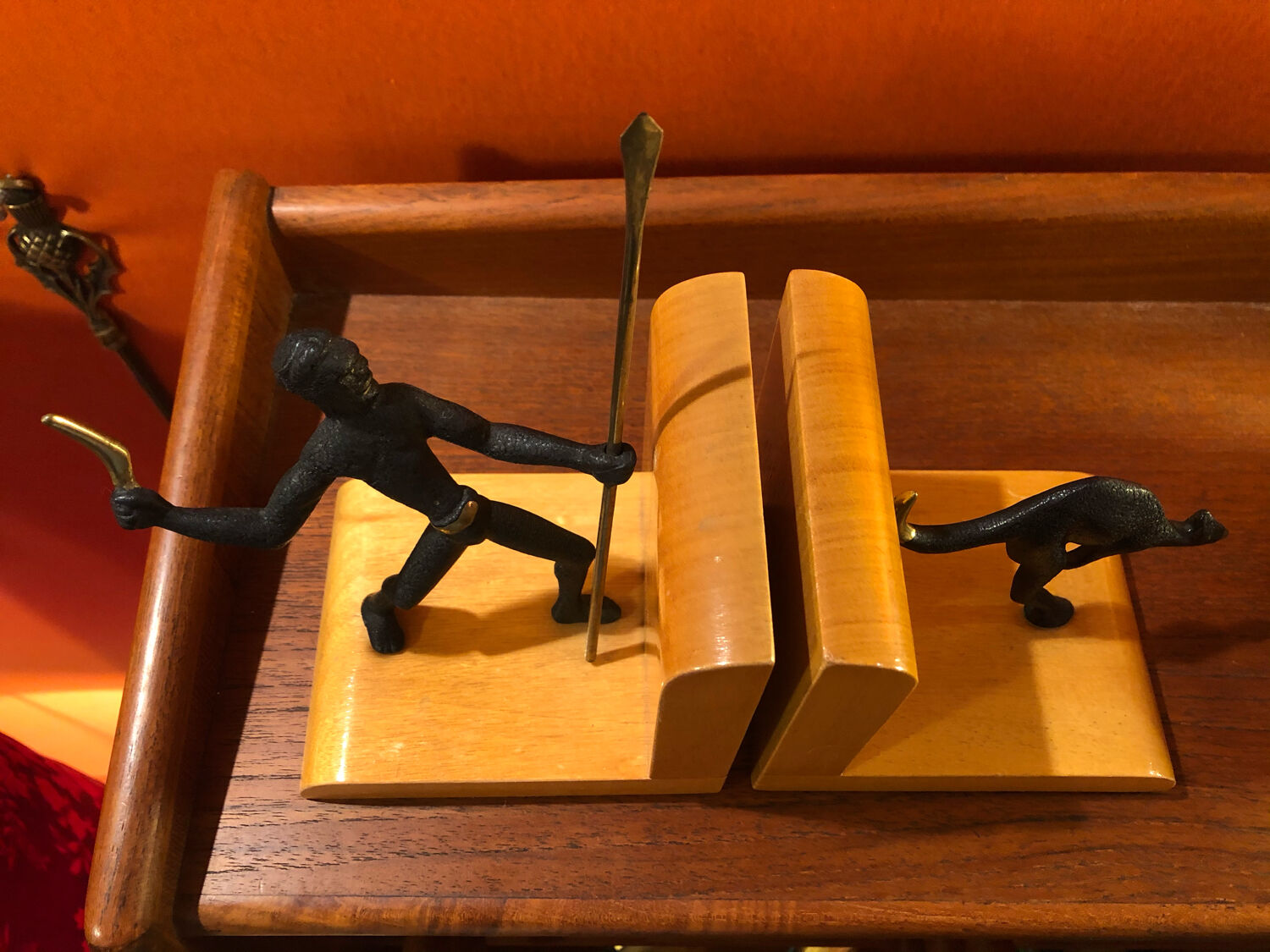Art Deco bronze and sycamore bookends pair