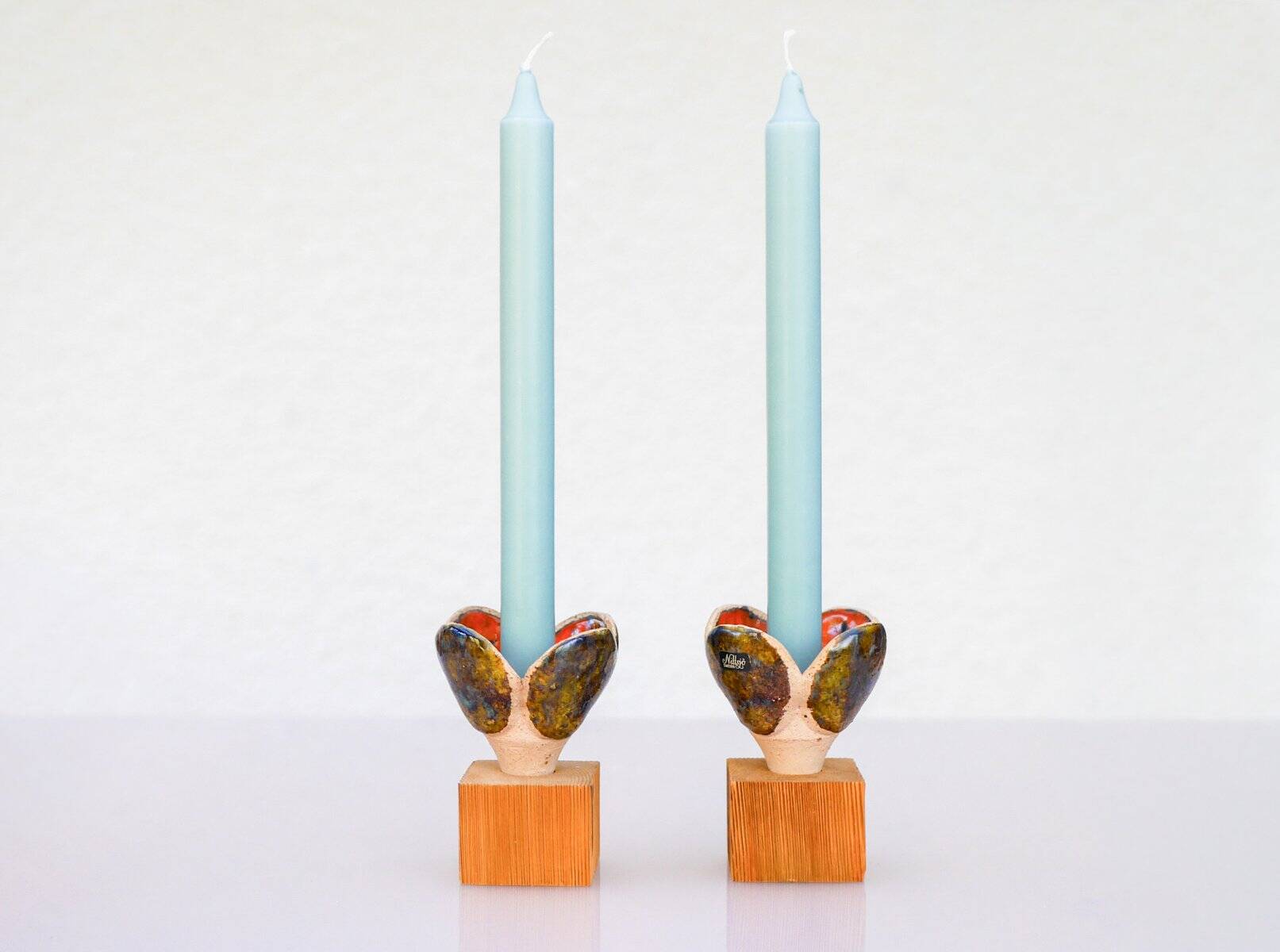 Bougeoirs en céramique et en bois de Nittsjö, Suède, années 1970, ensemble de 2