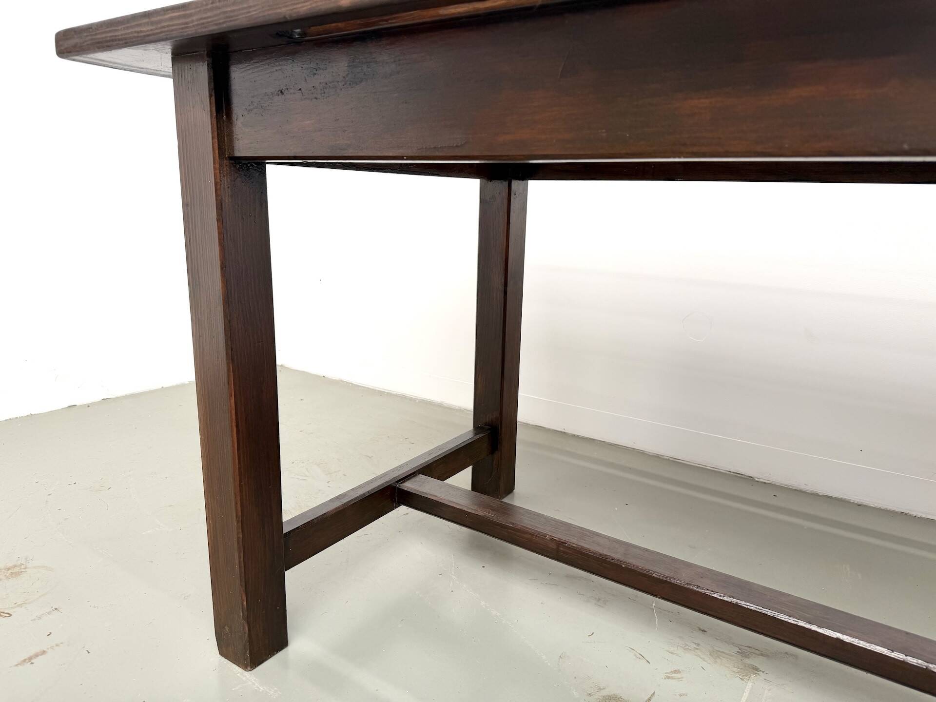 Solid pine work table, grooved top, satin brown finish, year
