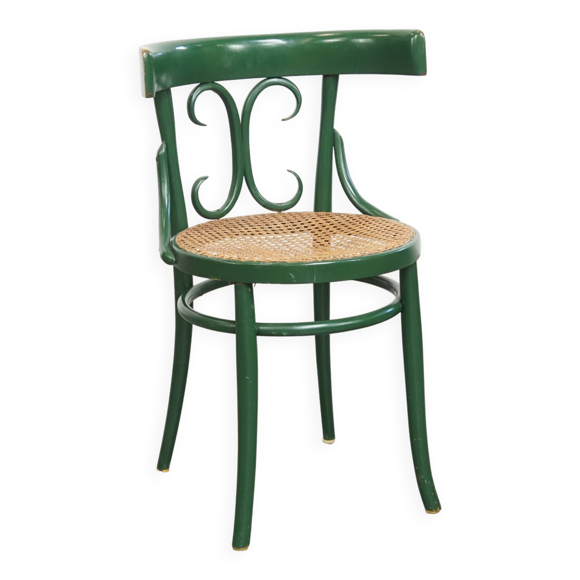 Vintage green bistro chair with woven reed seat
