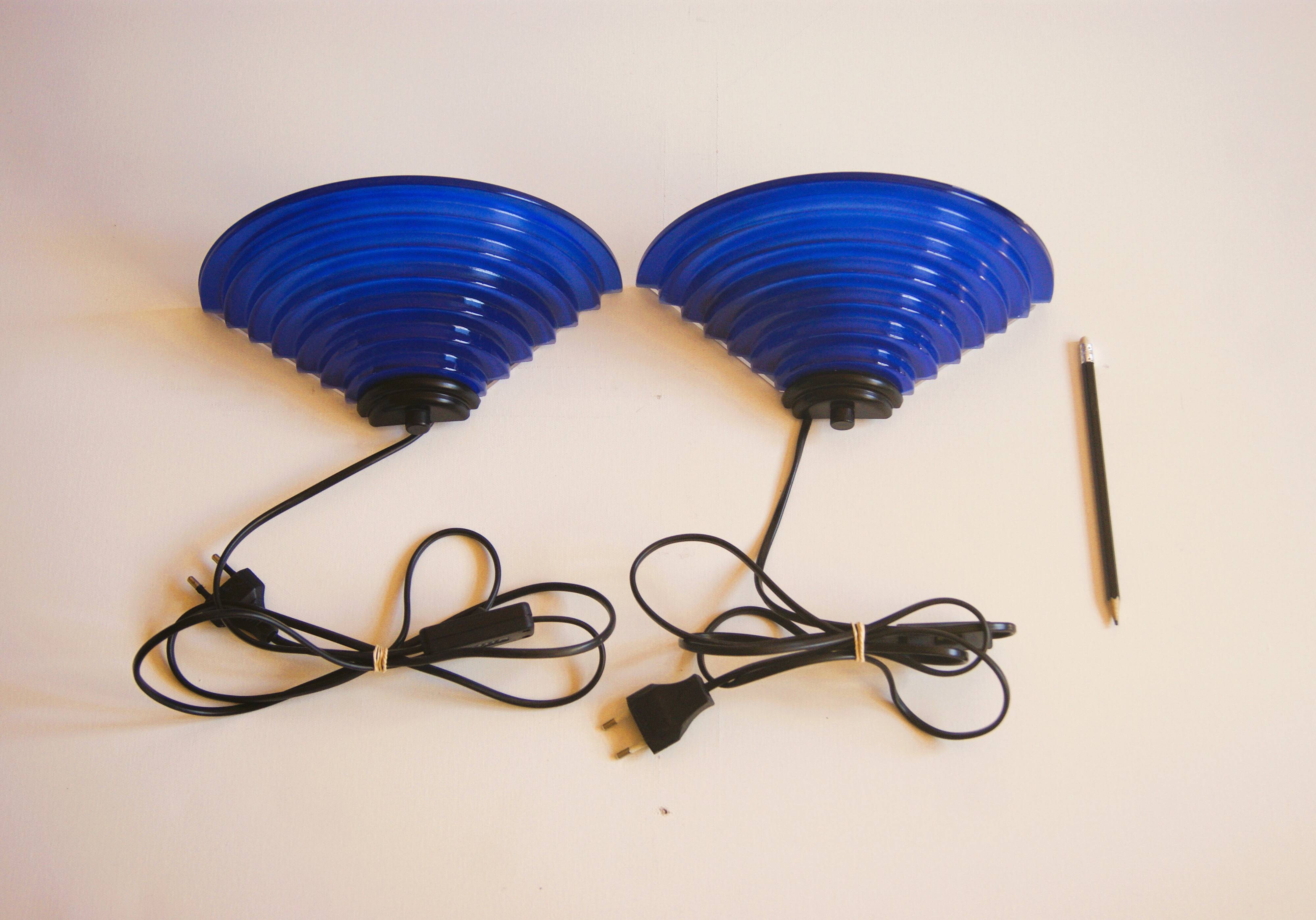 Pair of 1980's Art Deco Inspired Cobalt Blue Glass Sconces - Design Light