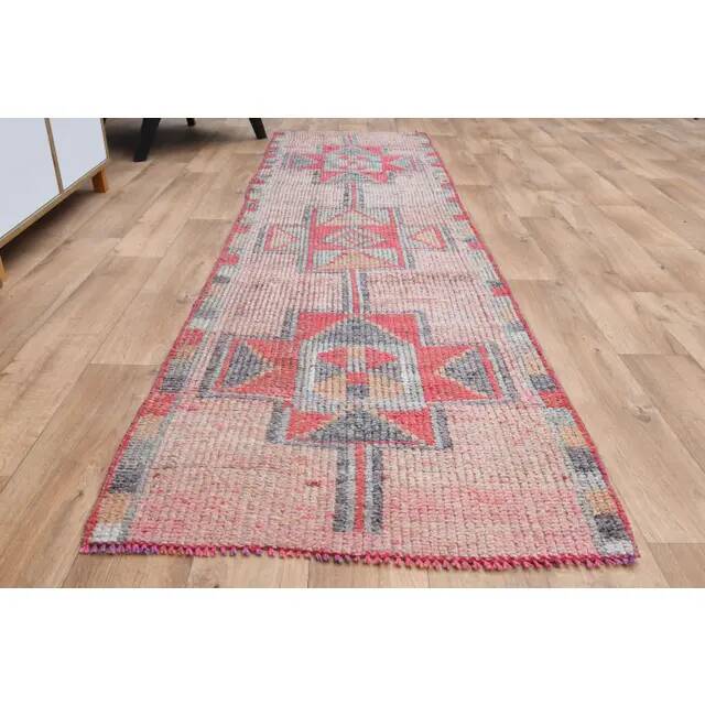 Pink Red Vintage Oushak Wool Turkish Runner Rug 83x305