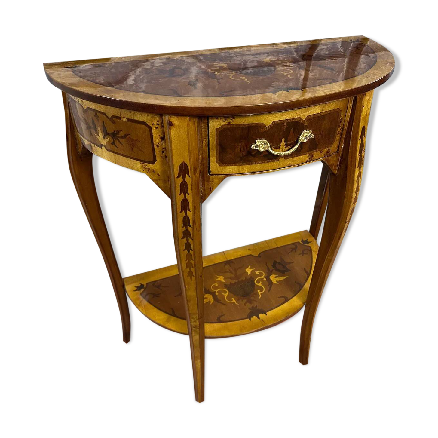 Console demi-lune Louis XV en marqueterie, style italien