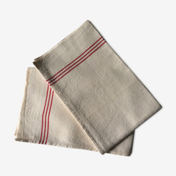 Duo of cotton / linen tea towels red lines on an off-white background dimension: H-72,5cm-L-55cm-