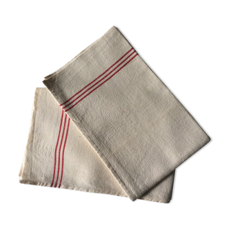 Duo of cotton / linen tea towels red lines on an off-white background dimension: H-72,5cm-L-55cm-