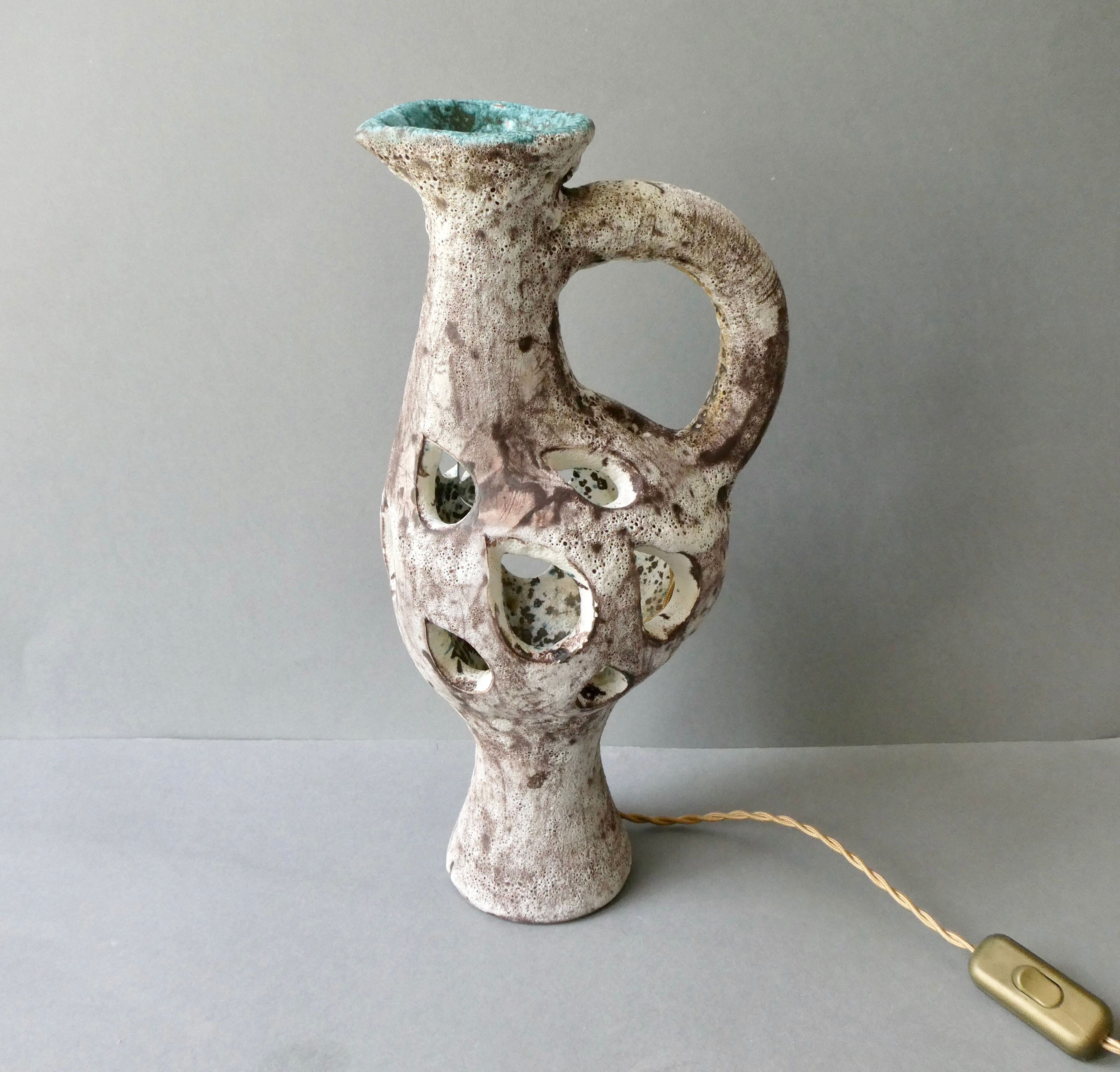 Openwork ceramic lamp from Vallauris, 70s