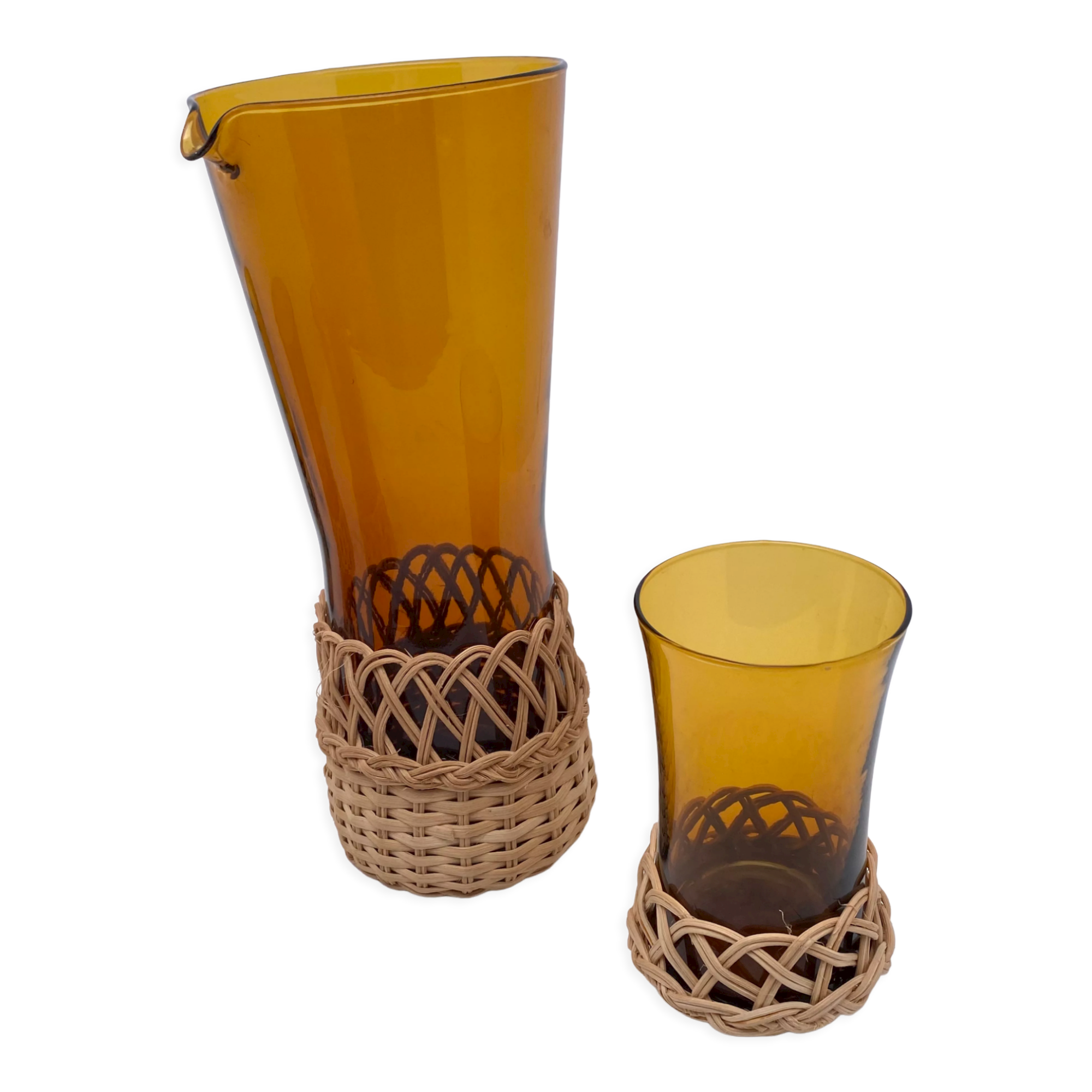 Amber glass and raffia 50's glass and pitcher set