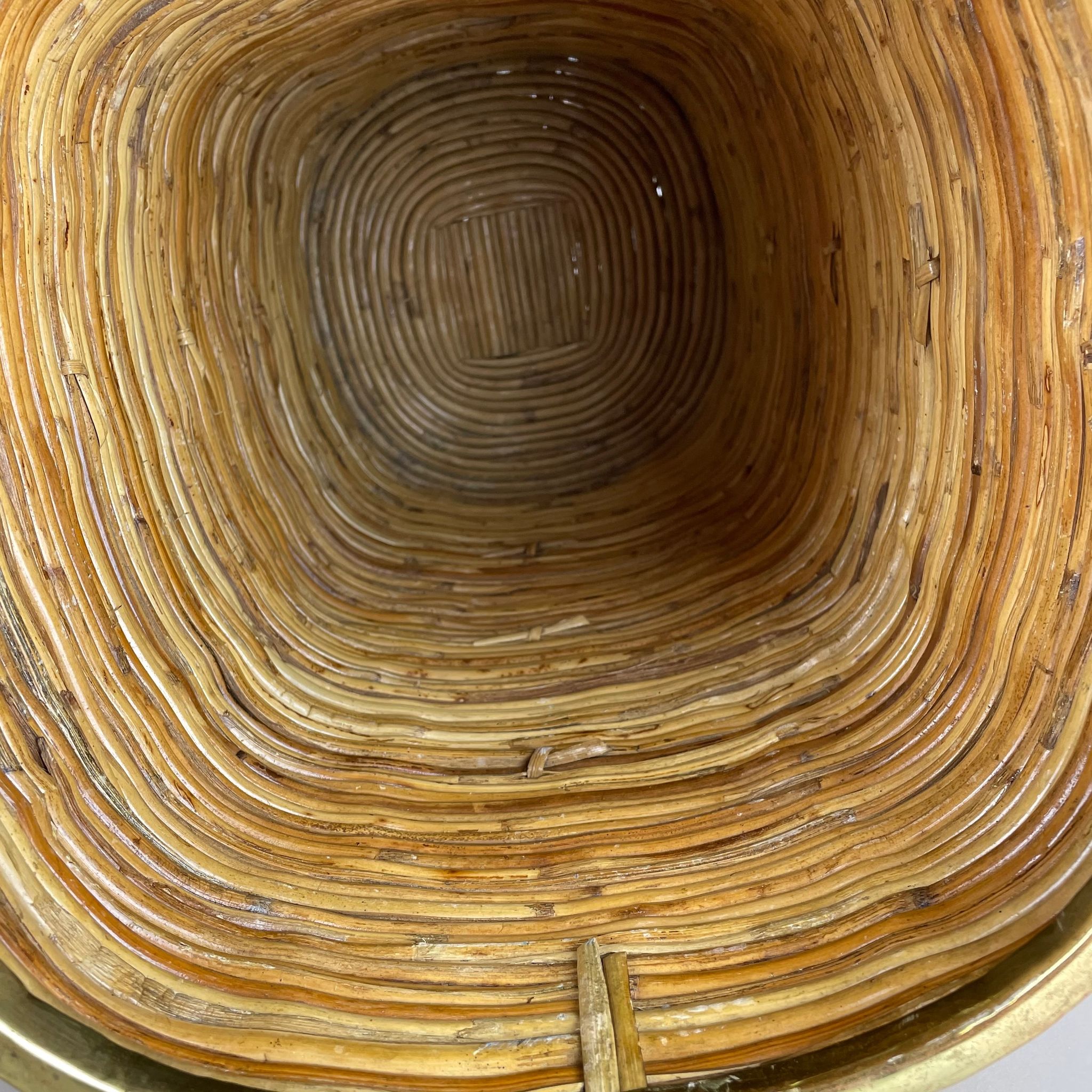 Mid-century rattan and brass bauhaus waste paper bin, france, 1960s