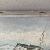 Peinture à l’huile tableau ancien signé port et bateaux