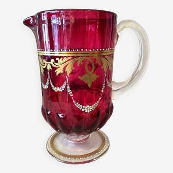 Water or fruit juice jug in red pink painted and enameled murano glass