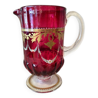 Water or fruit juice jug in red pink painted and enameled murano glass