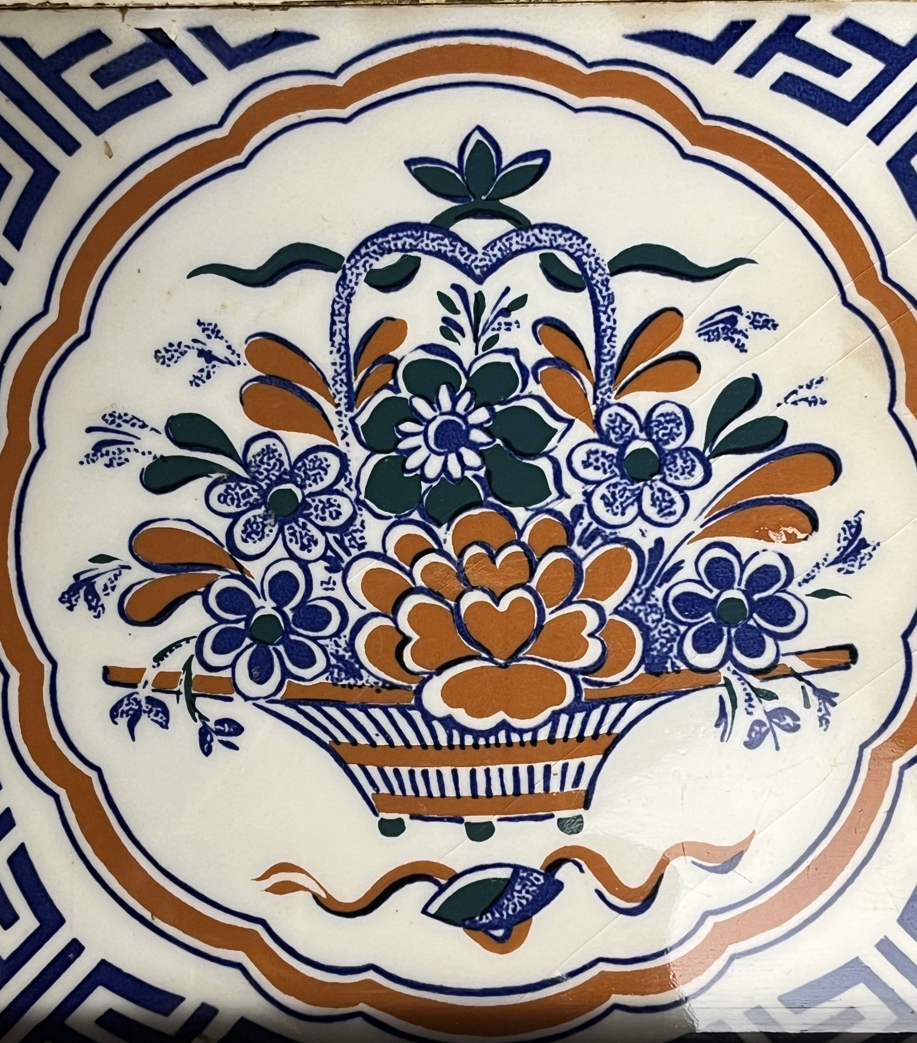 Art Deco, wooden tray and Gien earthenware tiles with basket decor circa 1940