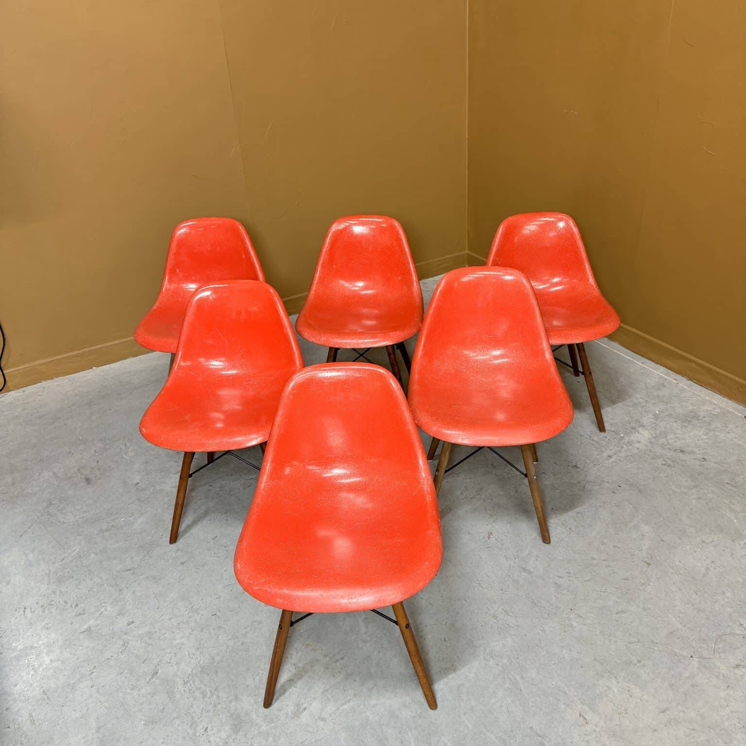 Set of 6 vintage red DSW chairs by Charles and Ray Eames