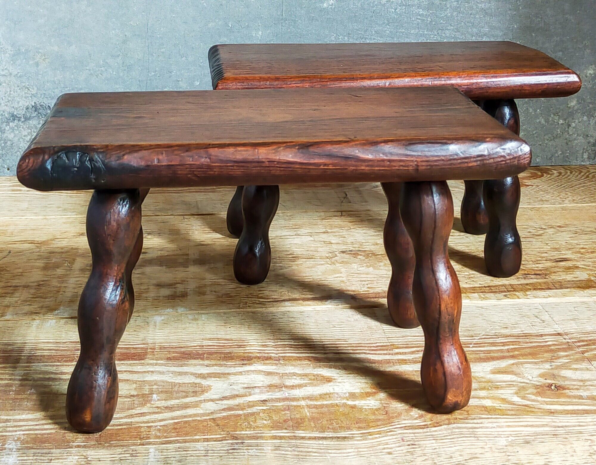 Pair of vintage solid turned wood footstools