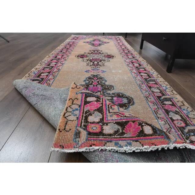1970s Vintage Turkish Oushak Handmade Wool Cotton Orange Runner Rug 107x319