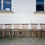 Set of 6 vintage bistro chairs – Warm stained wood – Compass legs