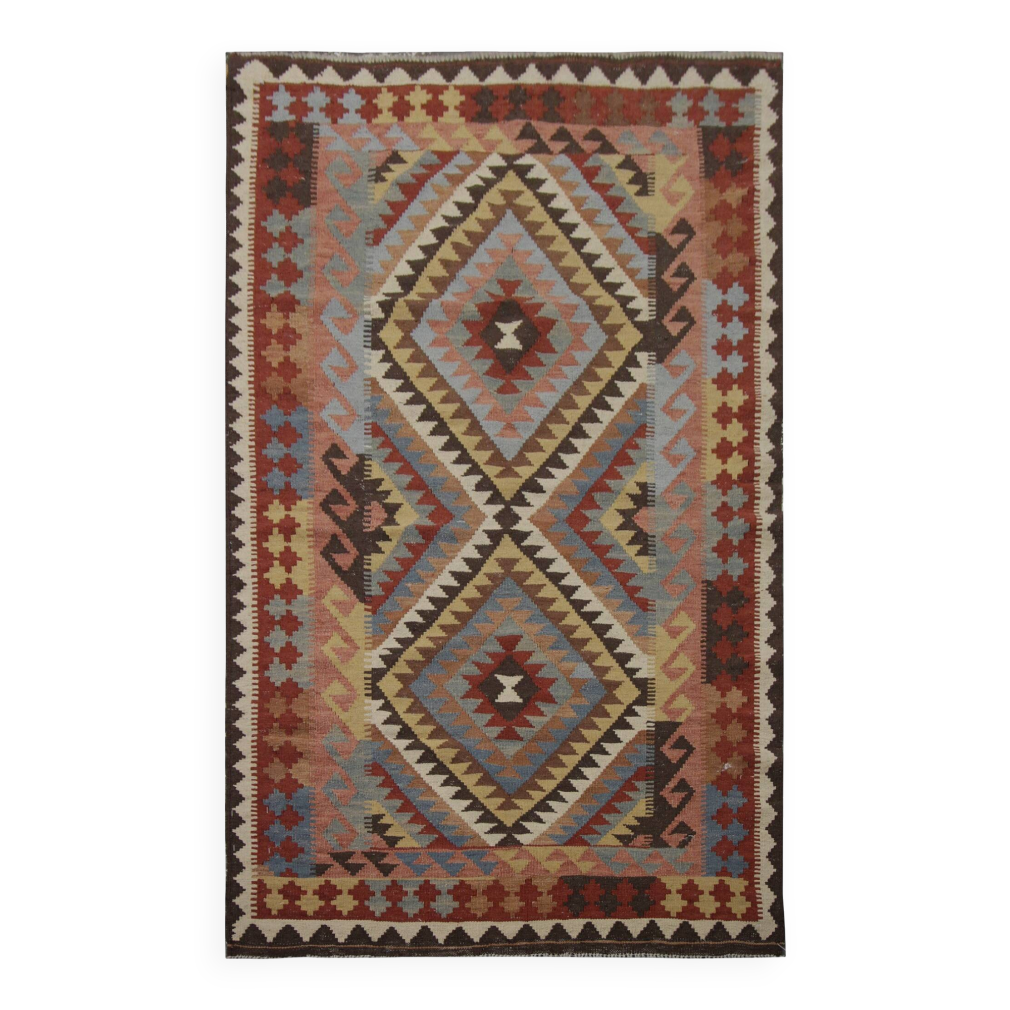 Geometric Tribal Kilim Rug, Handmade Wool Rug in Earthy Browns 104 x 188 cm