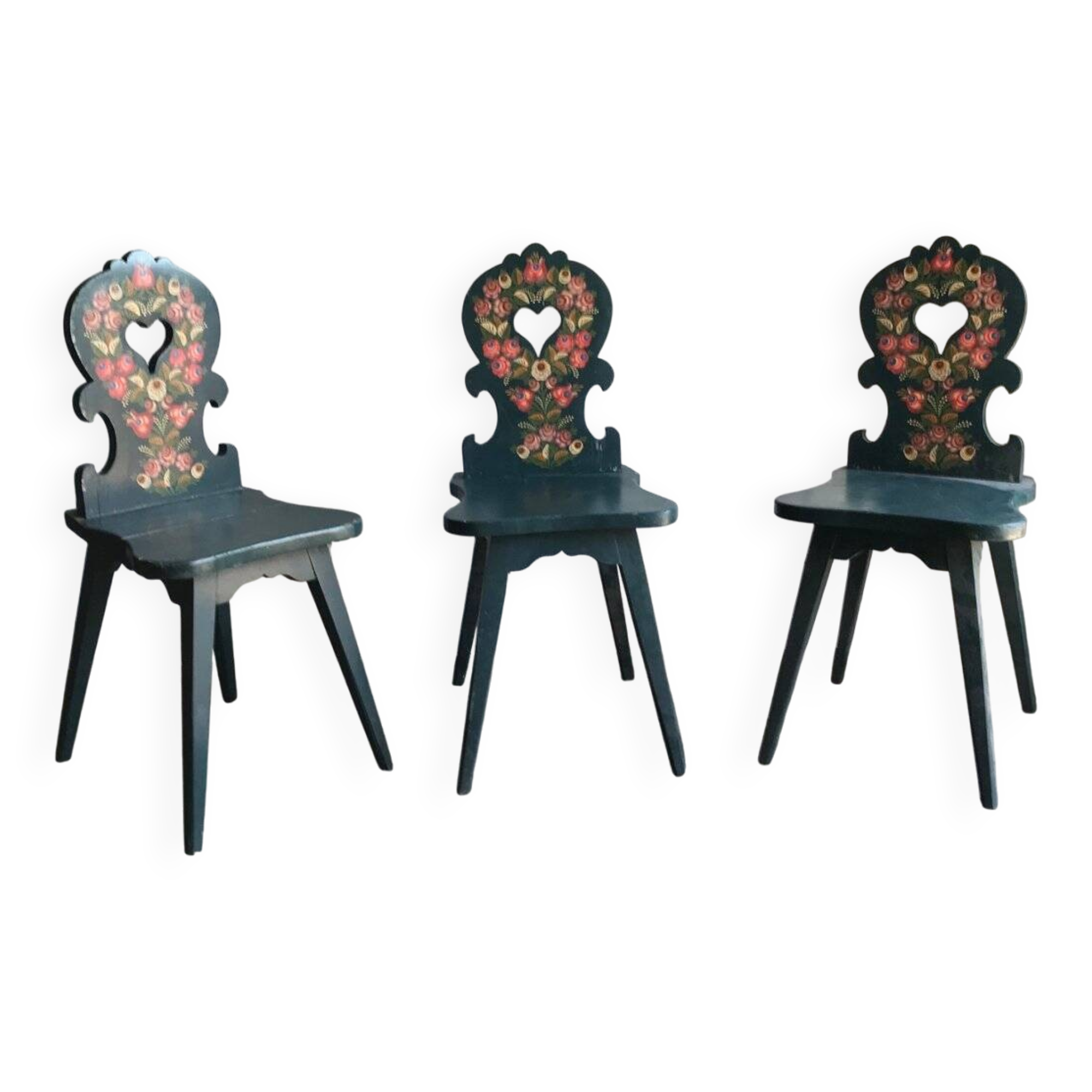 Set of 3 vintage wooden accent chairs painted navy blue, with 1920s decorated backs.