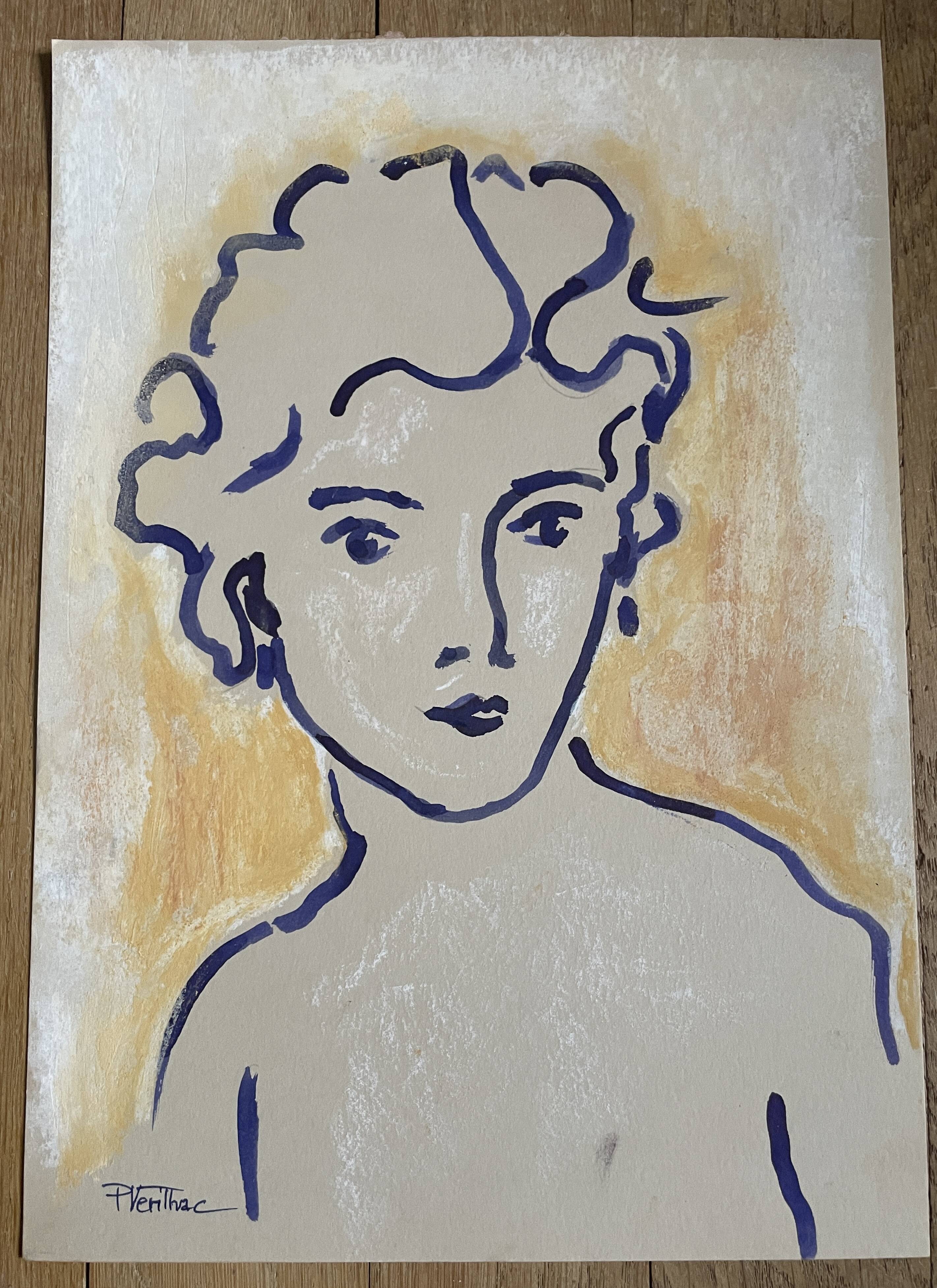 Painting signed Chinese ink and pastel female portrait “study”