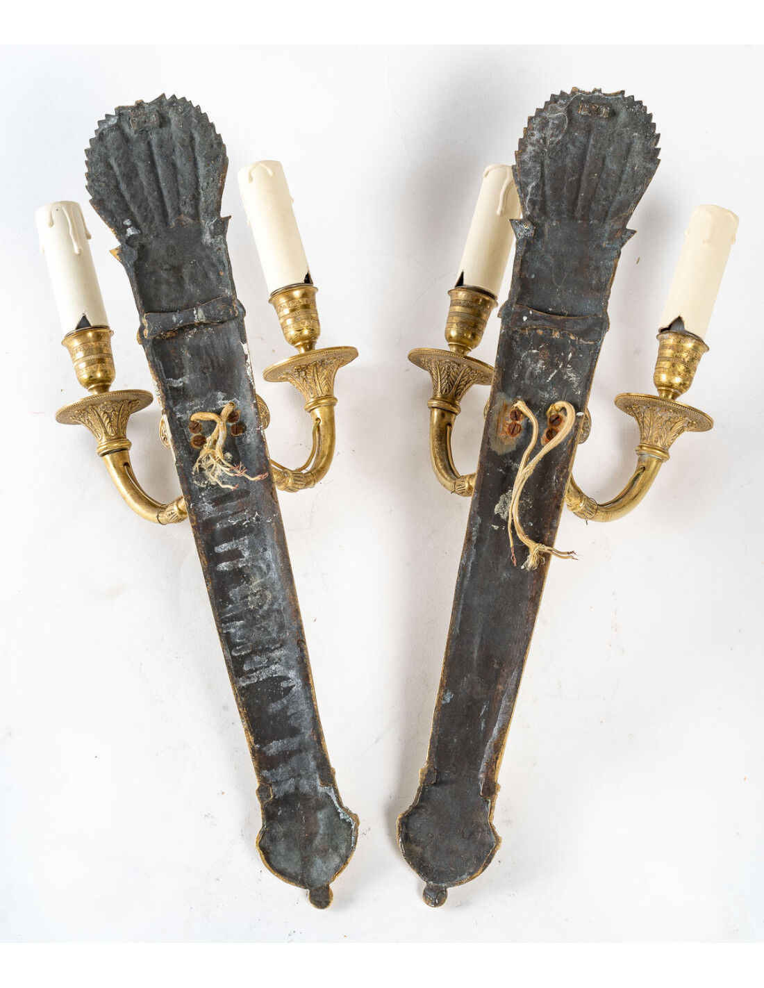 Pair of two-light Restoration style wall sconces