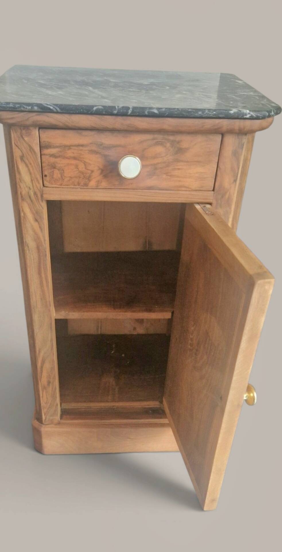 Walnut bedside table with a black marble top – late 19th century.