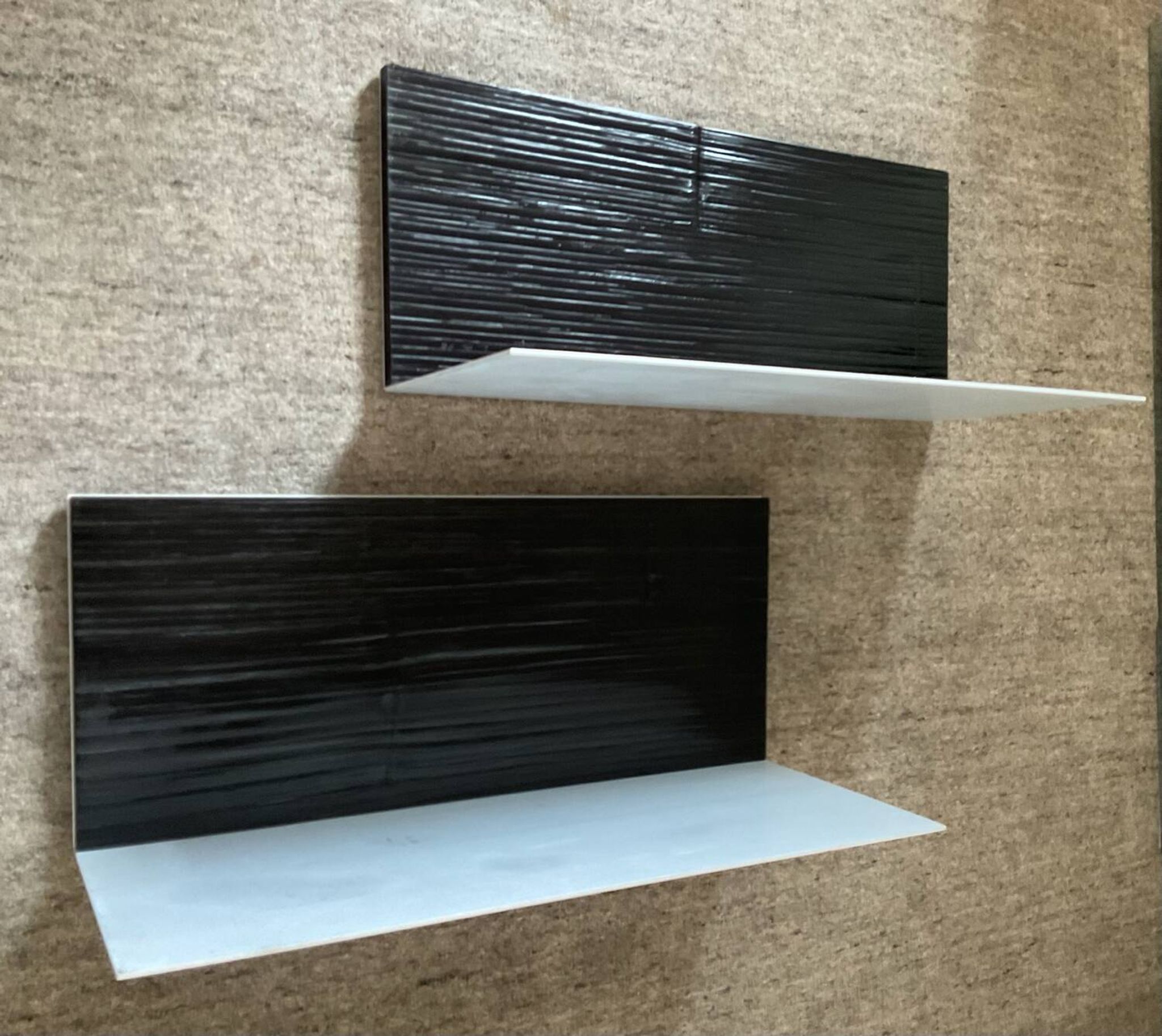 Pair of contemporary shelves in steel and stained wood