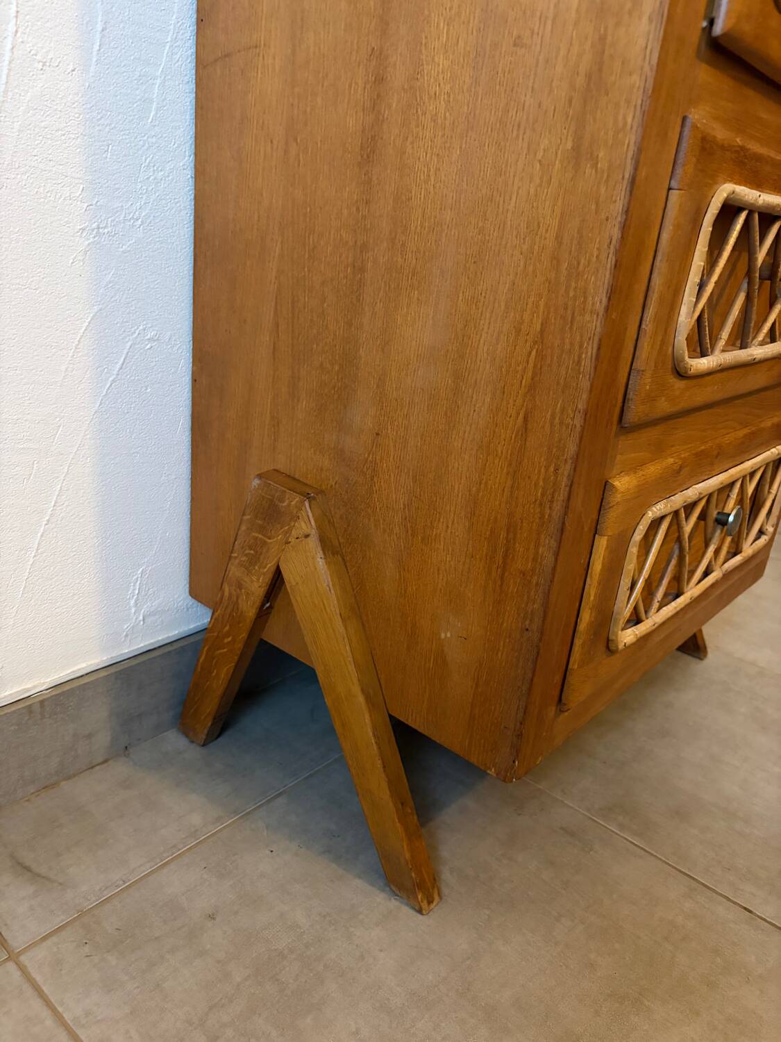 Vintage oak and rattan chest of drawers
