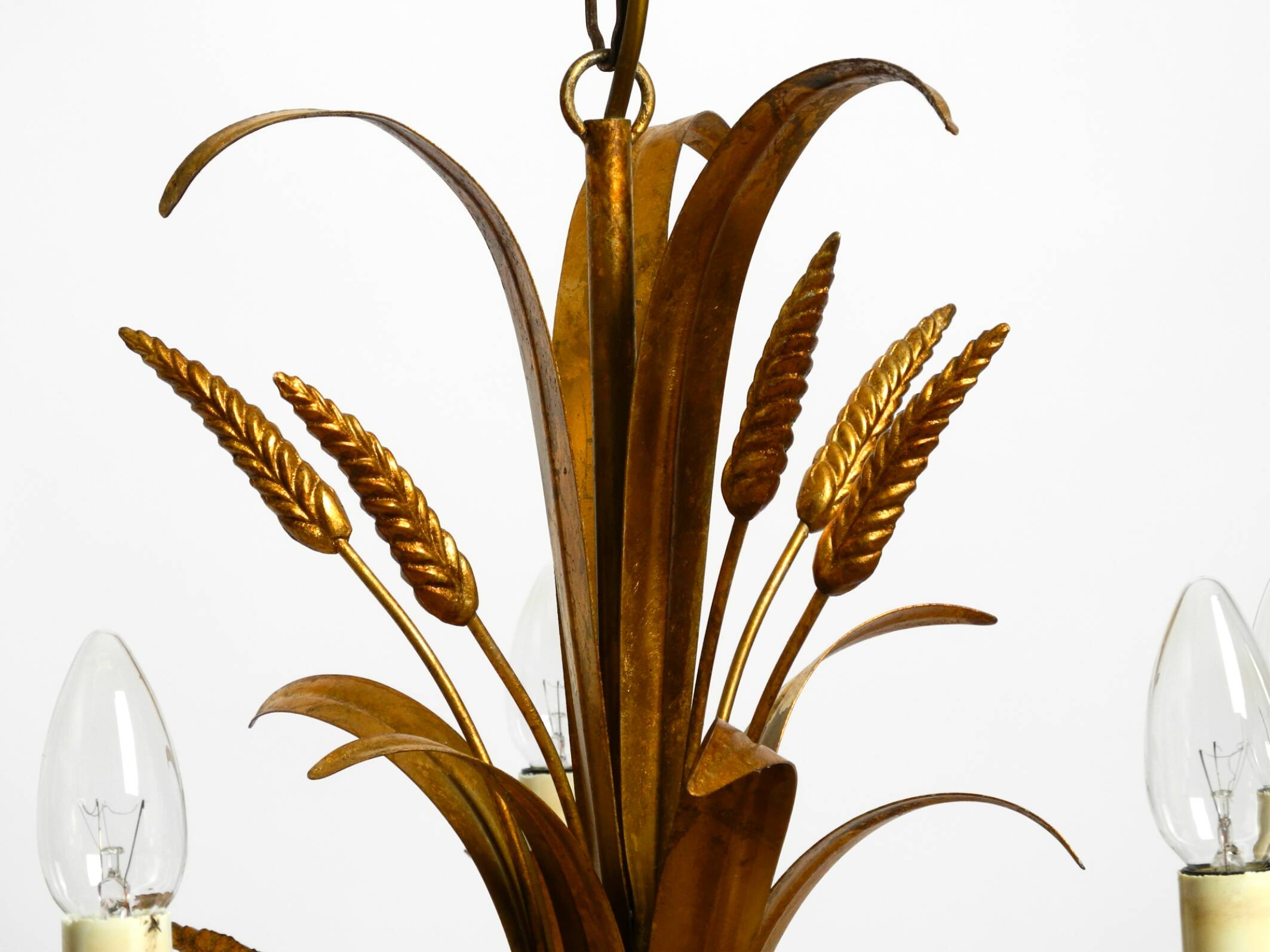 Beautiful 1970s gold-plated 5-arm tall metal chandelier by Hans Kögl
