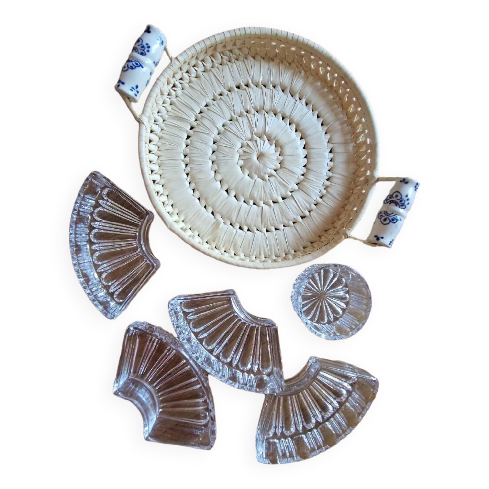 Old rattan raffia porcelain tray appetizer server ramekins vintage crystal dish