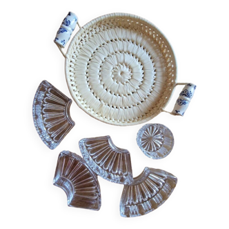 Plateau ancien rotin rafia porcelaine serviteur apéritif ramequins ravier cristal vintage