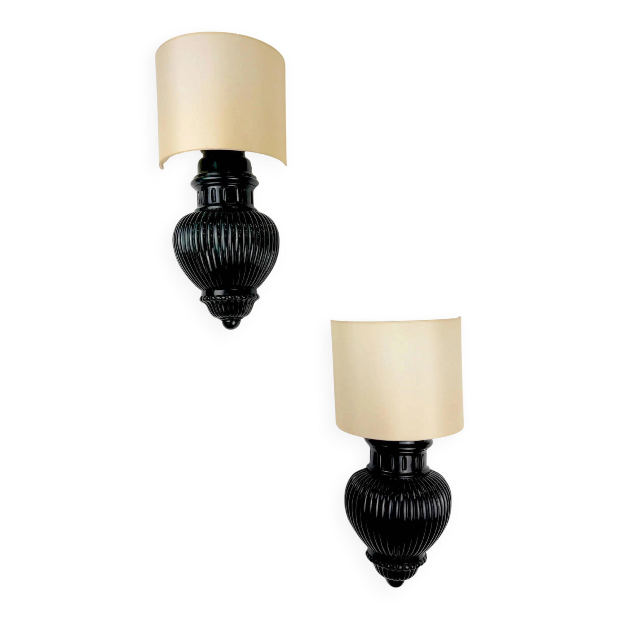 Pair of Art Deco wall lights with shades in glazed cast ceramic,Italy,1970s