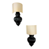 Pair of Art Deco wall lights with shades in glazed cast ceramic,Italy,1970s