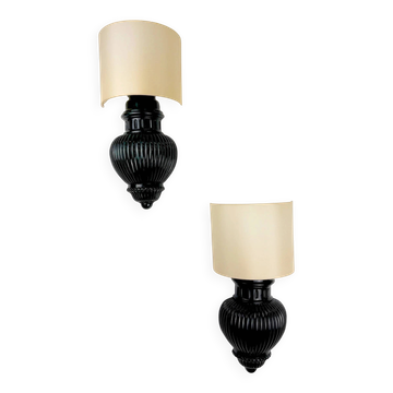 Pair of Art Deco wall lights with shades in glazed cast ceramic,Italy,1970s