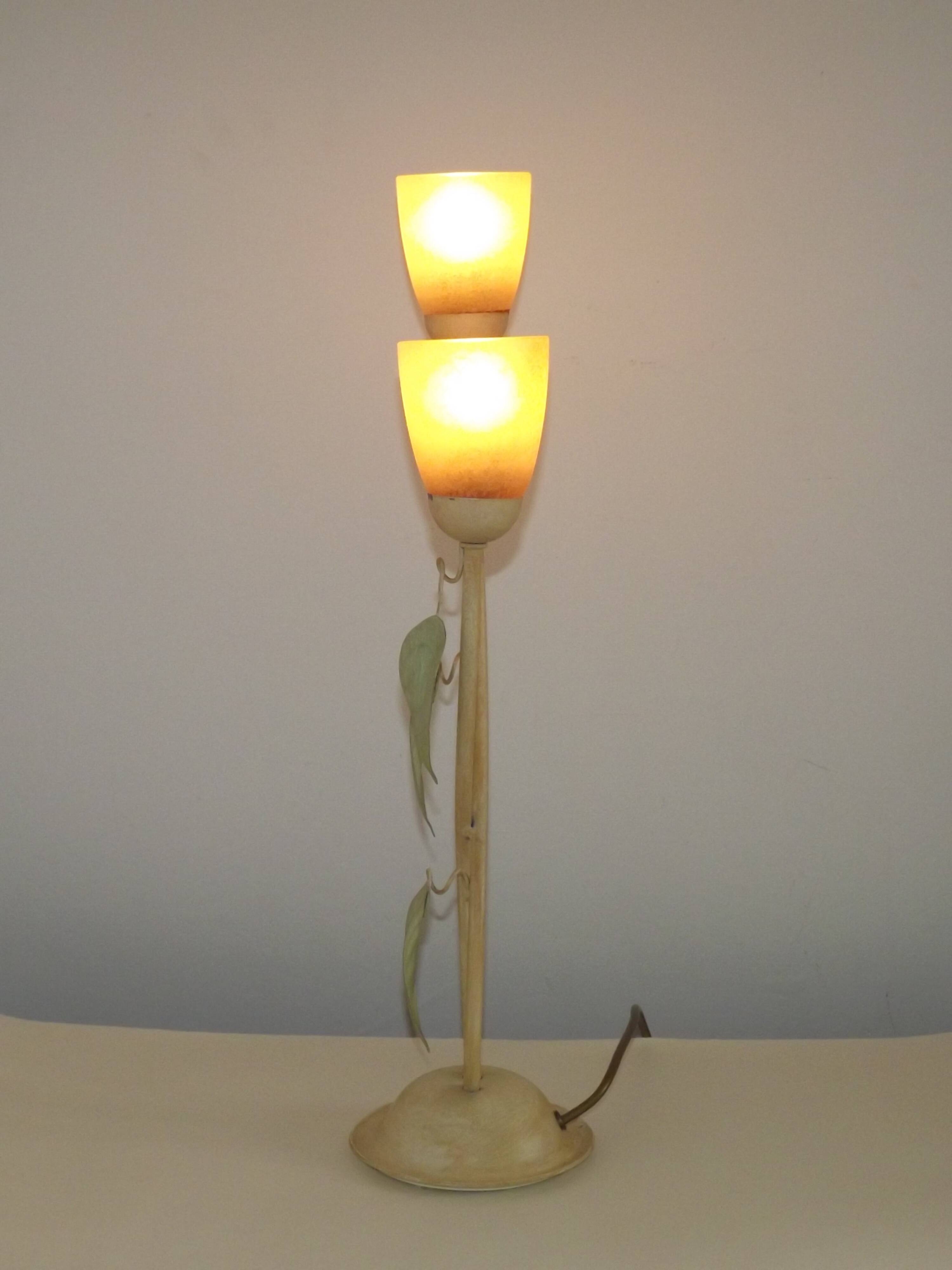 Vintage Italian Double Light Table Lamp Green Leaves Glass Shades