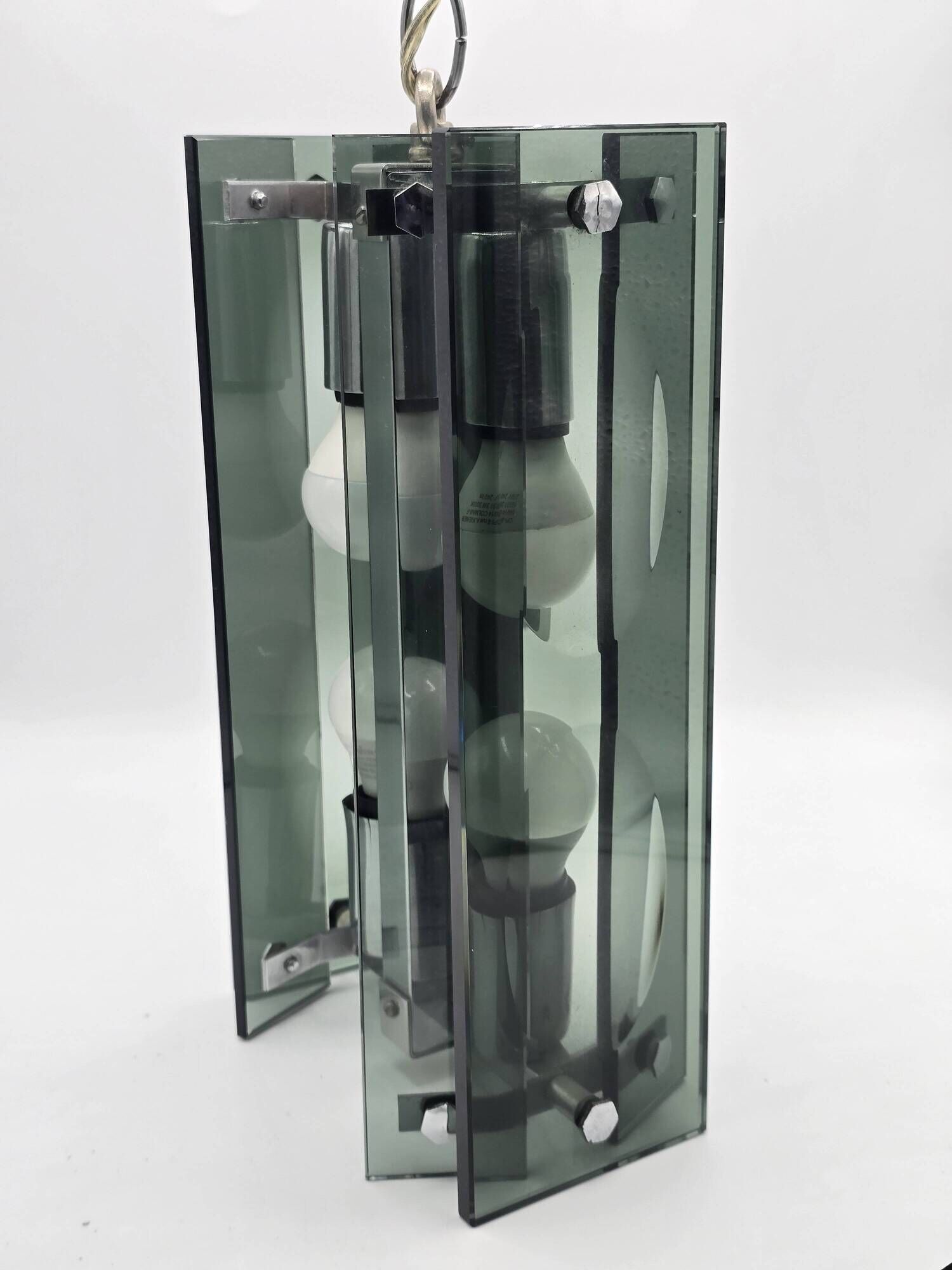 Green-grey glass and chrome metal suspension, in the style of Fontana Arte.