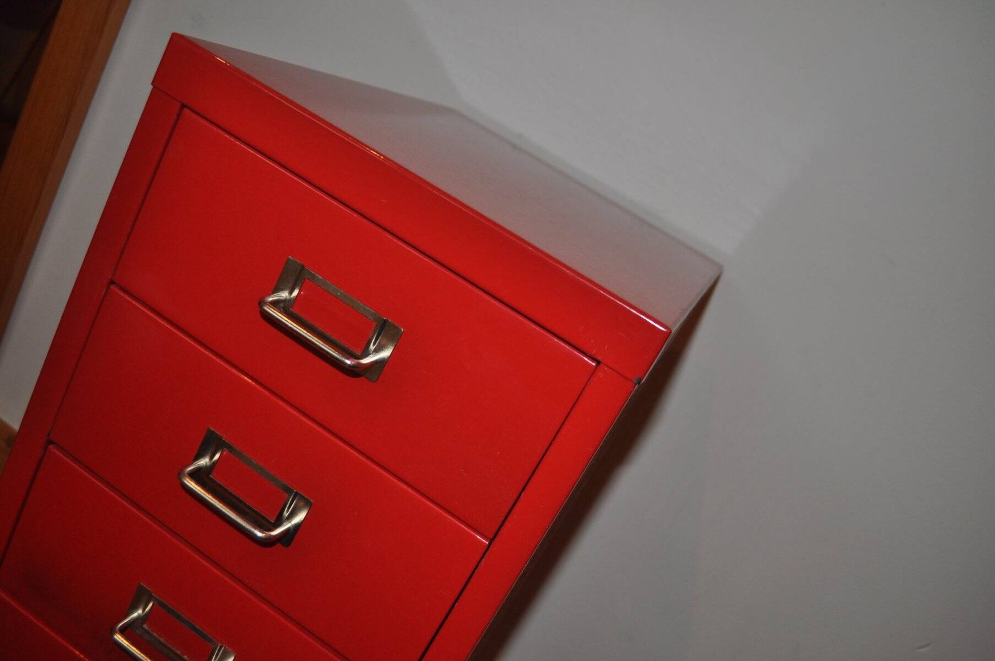 Purple industrial metal cabinet with six drawers, 1980s filing style.