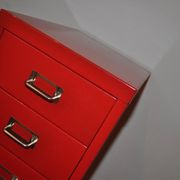 Purple industrial metal cabinet with six drawers, 1980s filing style.