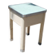 Shoe polish stool with round top and aluminum legs.