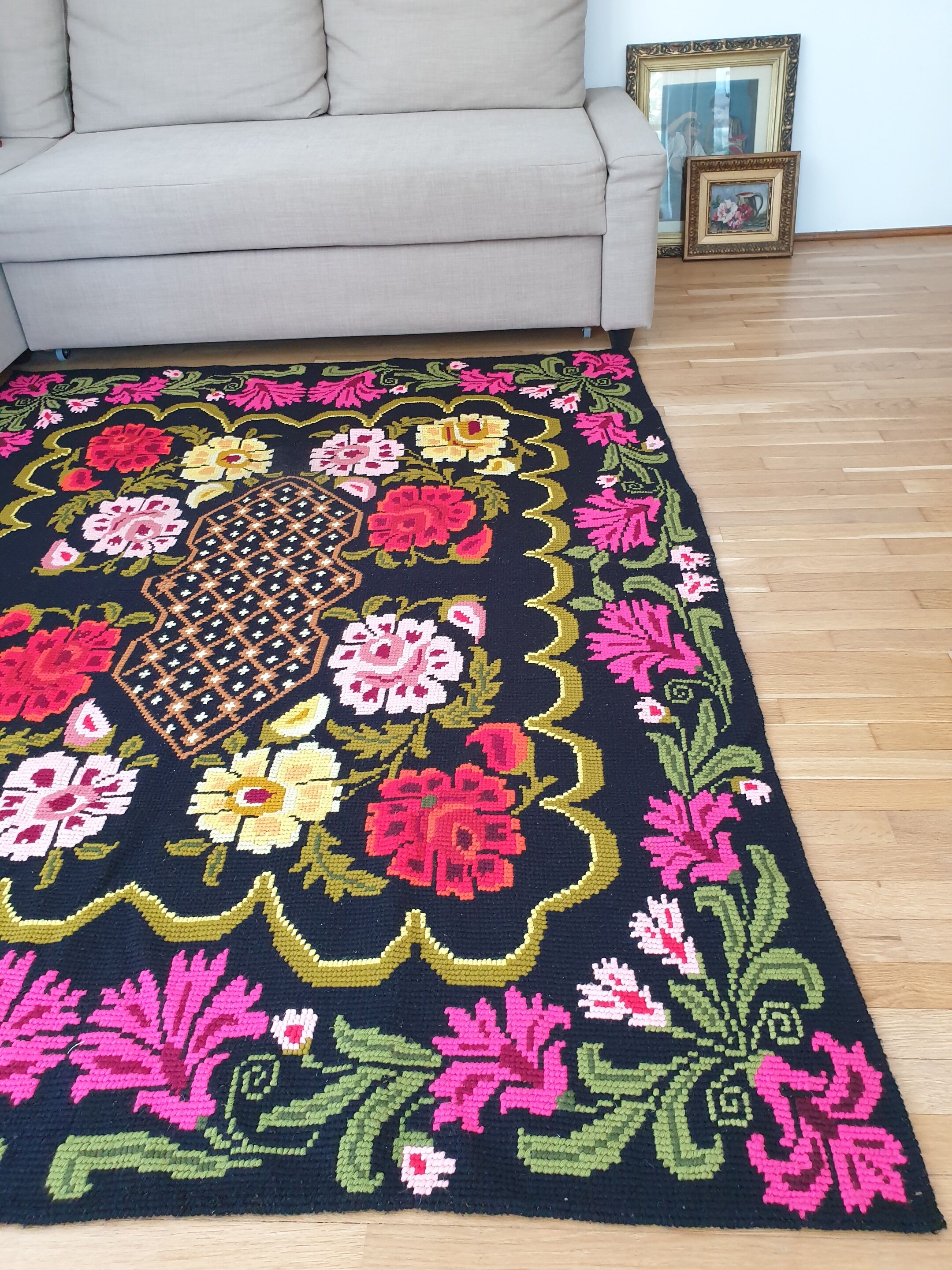 Cross stitch floral boho carpet made by hand on hemp, Romania 148x190cm