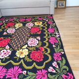 Cross stitch floral boho carpet made by hand on hemp, Romania 148x190cm