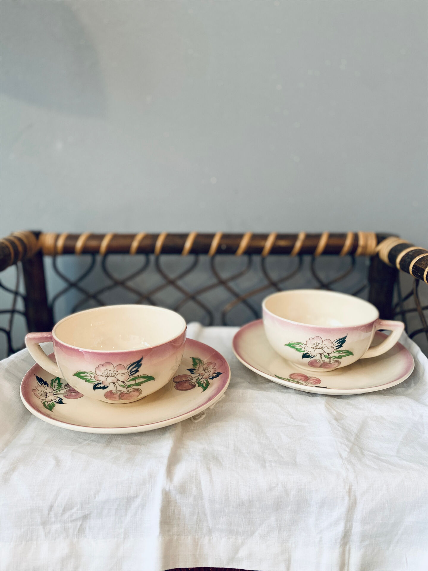 Two breakfast cups Longwy cherry design