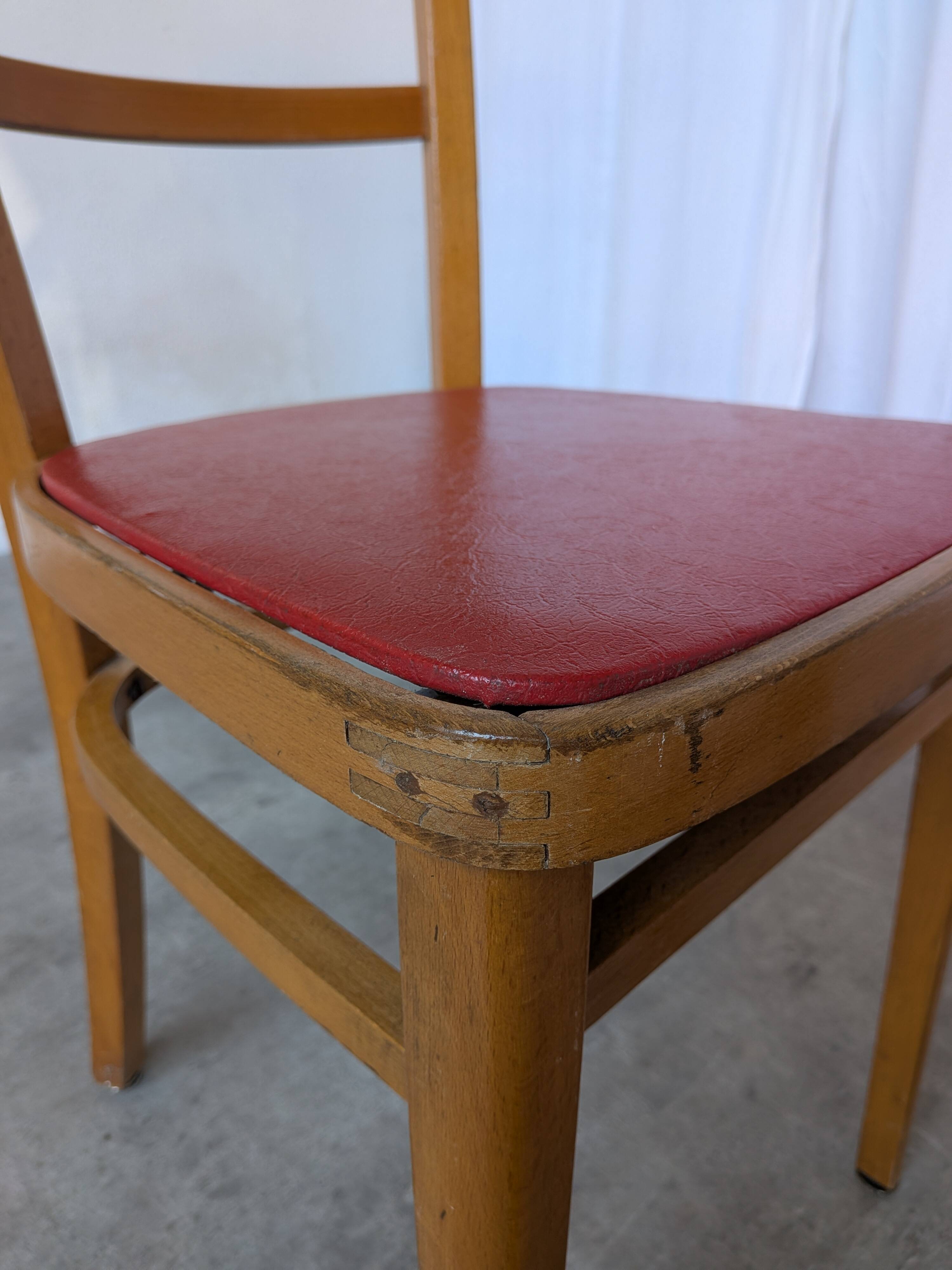 Vintage Wooden Dining Chair: Red Leather Seat, Mid-Century Modern