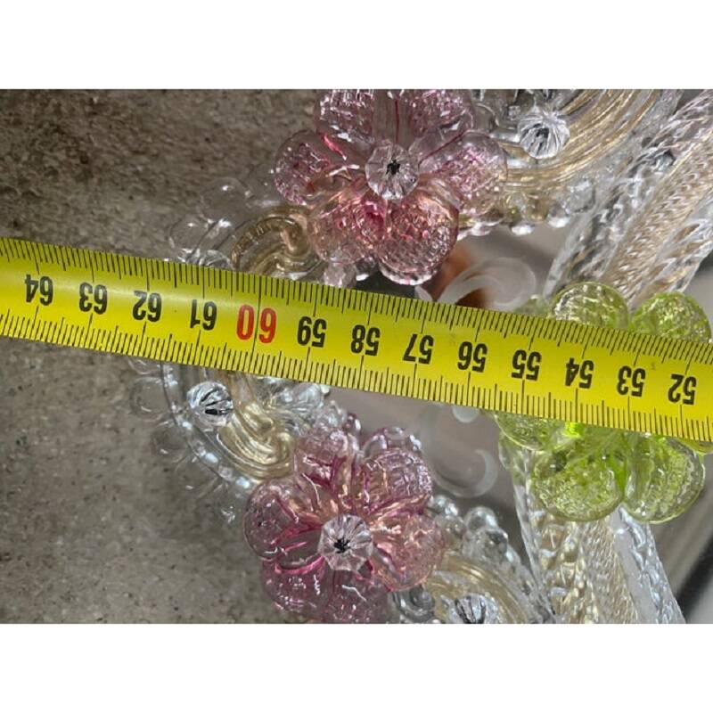2000s Venetian Oval Green and Pink Floreal Hand-Carving Mirror in Murano Glass Style