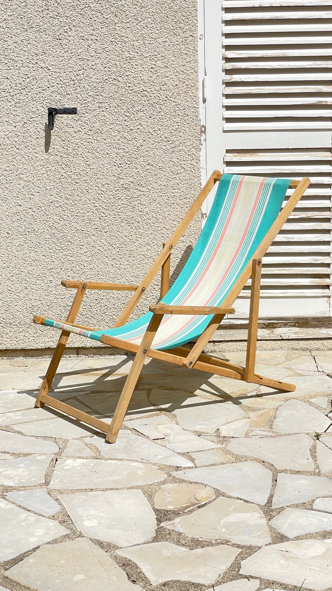 Transat pliant en bois et toile vintage